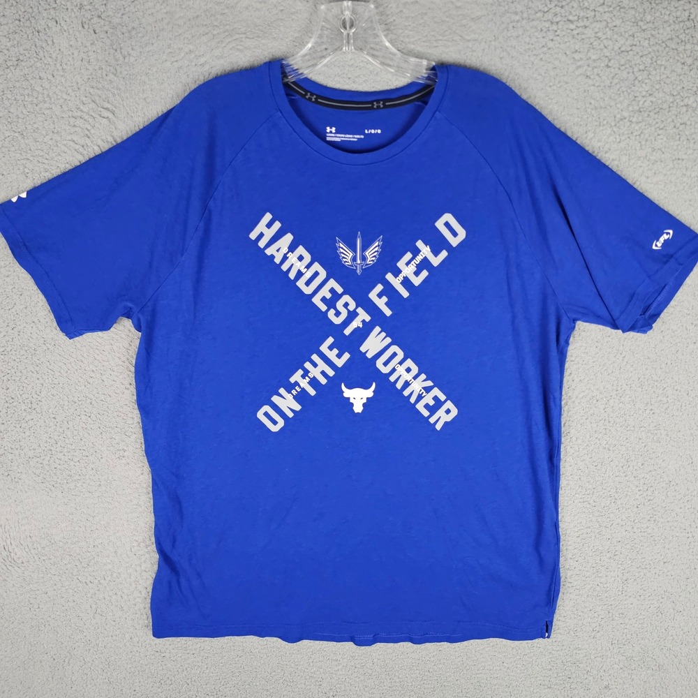 Under Armour T-Shirt Men L Blue UFL Project Rock Hardest Worker On Field 1388852